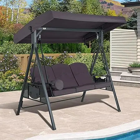 Outdoor Patio Porch Swing with Stand, 3-seat Swing Chair with Adjustable Tilt Canopy All-Weather Steel Frame for Backyard Front
