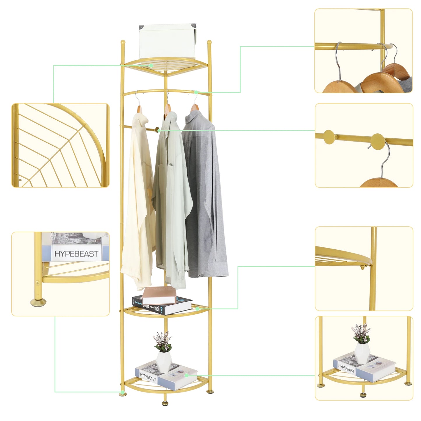 Metal Corner Coat Racks, Gold Clothing Racks Hall Tree, Freestanding Garment Rack with Hooks and Storage Shelf for Hallway