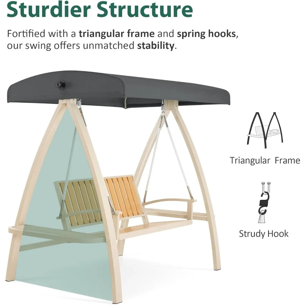 2-Person Patio Swing Chair, Luxury Outdoor Porch Swing with Wooden Finish Coated Seat for Garden, Balcony, Poolside 4458 (Grey)