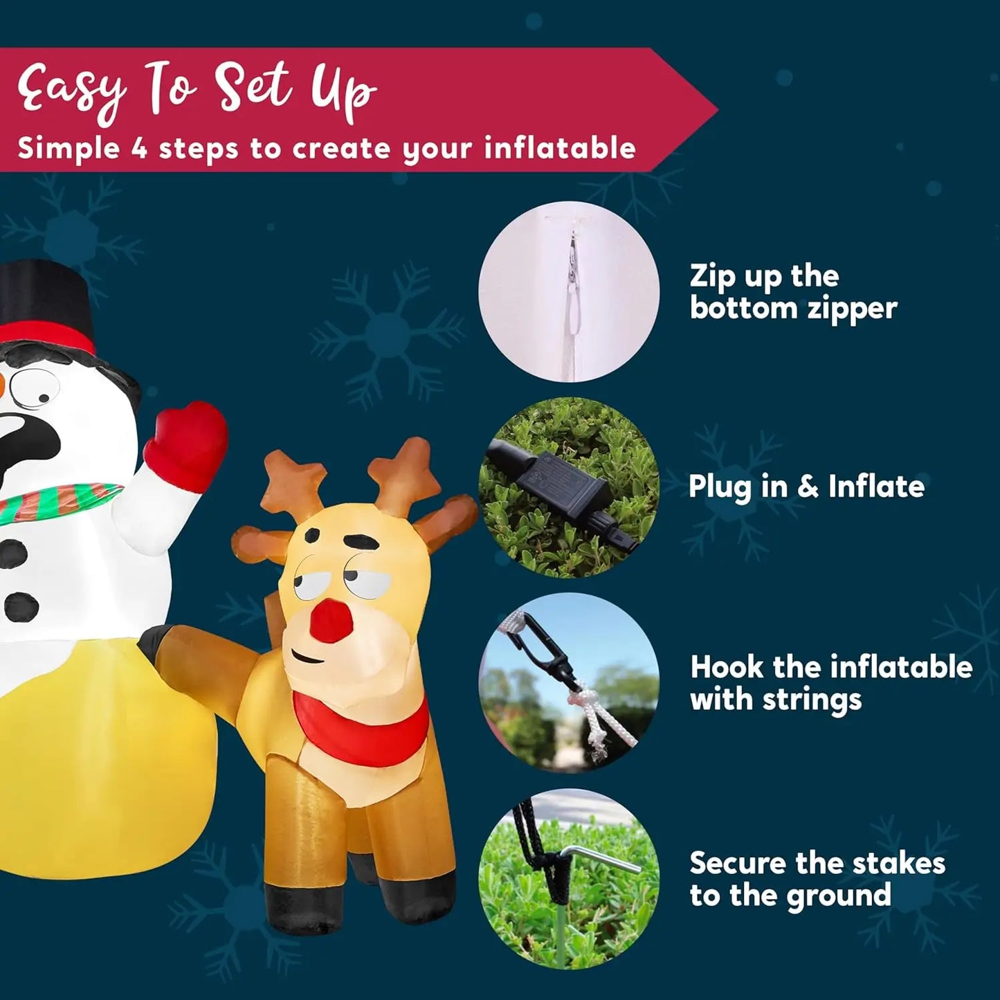 JOYFY 6.6 FT Long Christmas Inflatable Decoration Reindeer Peeing on Snowman with Build-in LEDs for Xmas Party Yard Garden Décor