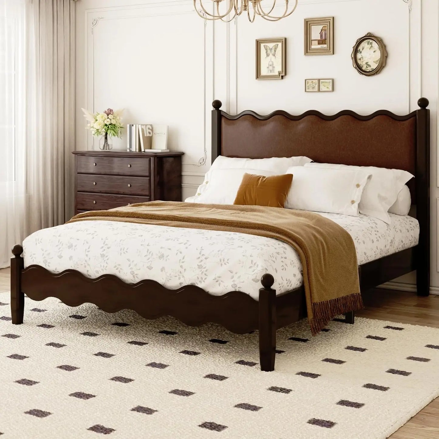 Frame Leather Upholstered Wood Bed Frame With Vintage Wave Headboard