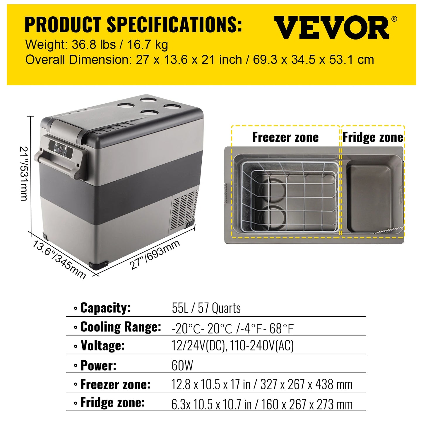 VEVOR Portable Car Refrigerator Compressor Cooler DC 110 to 240V