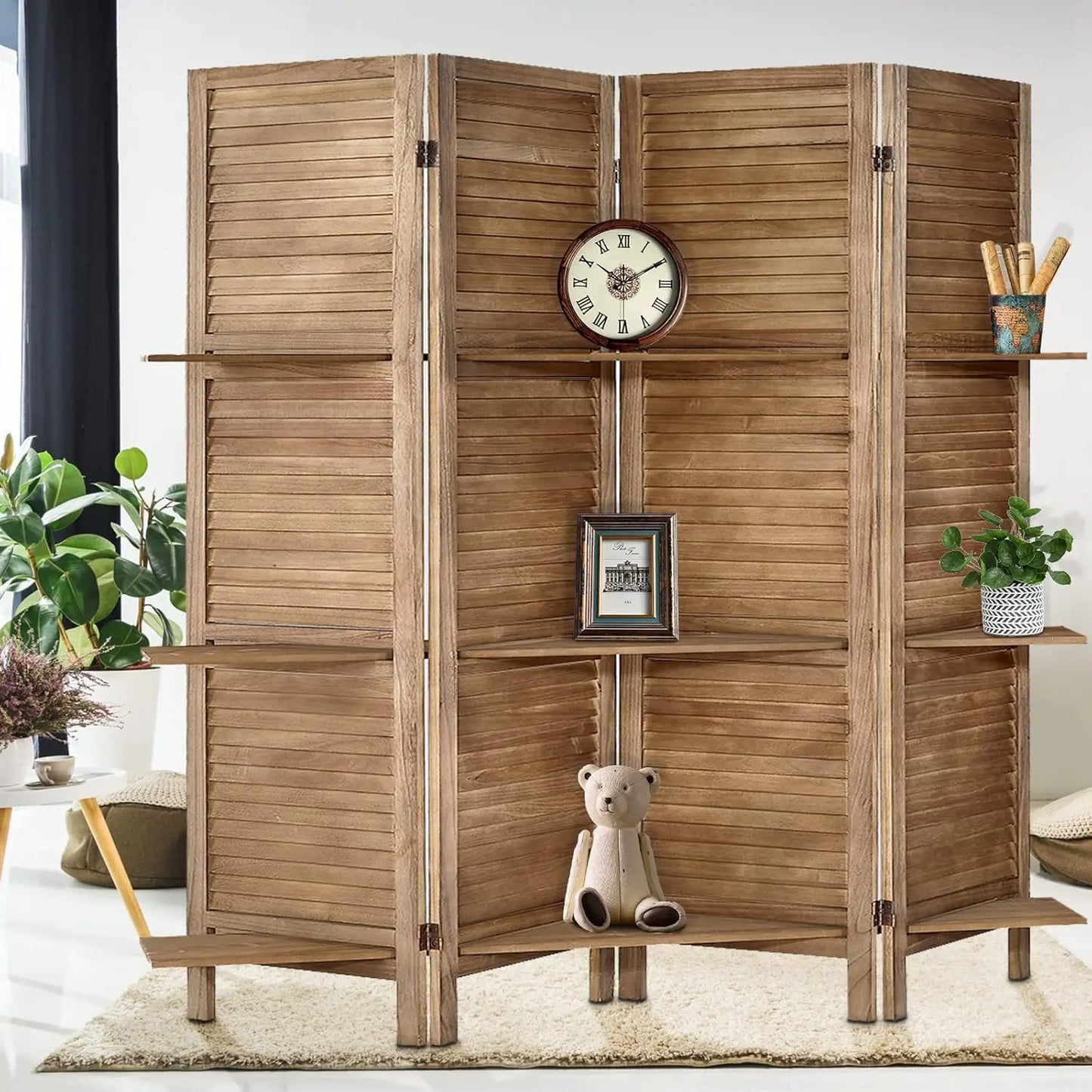 Room Divider with Shelves, Privacy Screen, Room Dividers and Folding Privacy Screens, 5 Panel Wood Temporary Wall Partition