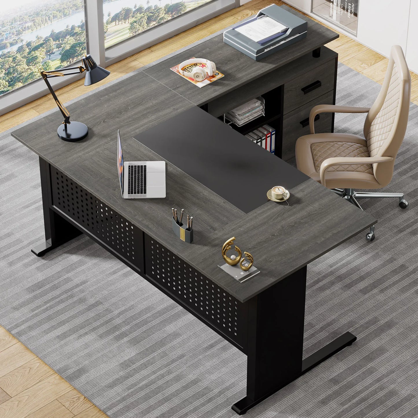 Tribesigns Executive Desk With File Cabinet And Storage Shelves