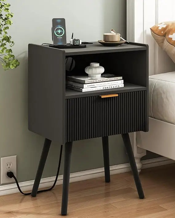 MKDK Nightstand With Outlet Modern Bedside Table And Storage