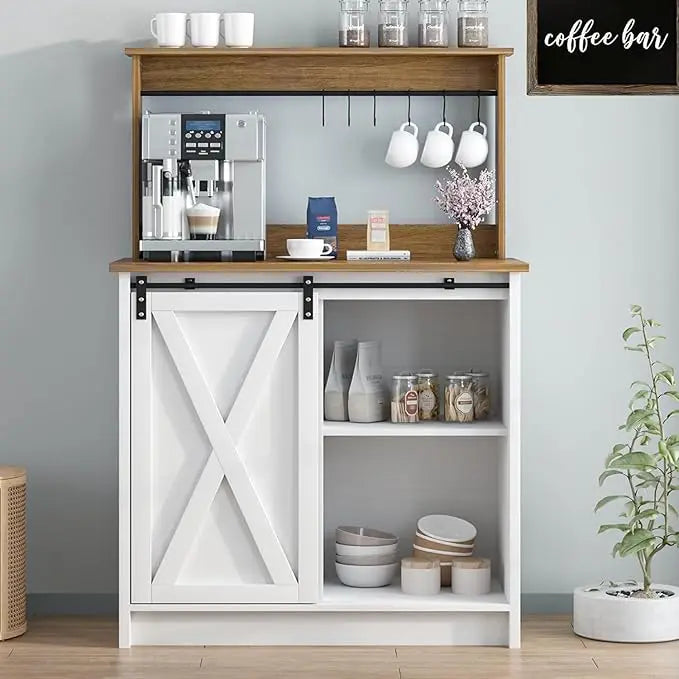 Farmhouse Coffee Bar with Hutch,Buffet Cabinet with Sliding Barn Door, Storage Bar Cabinet with  Hook Coffee Bar Table