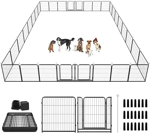 outdoor extra wide 32-panel heavy duty anti-rust dog fence with door, portable for rv, camping, and yard use
