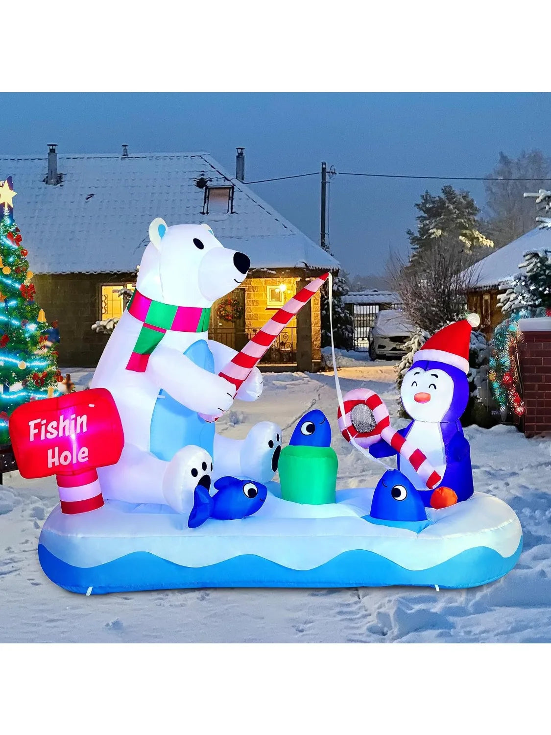 JOYFY 6 FT Long Christmas Inflatable Penguin & Polar Bear Decoration,Blow Up Yard Decoration for Christmas Party Decorations