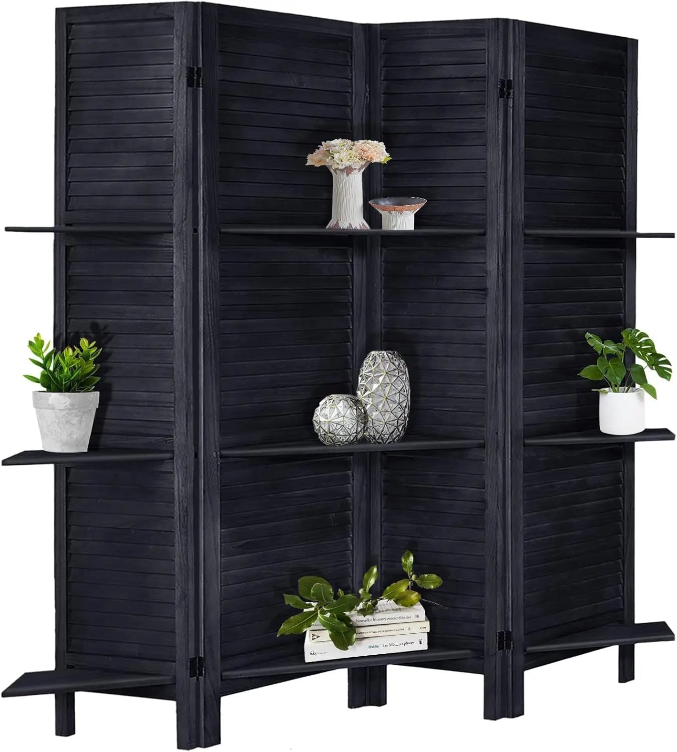 Room Divider with Shelves, Privacy Screen, Room Dividers and Folding Privacy Screens, 5 Panel Wood Temporary Wall Partition
