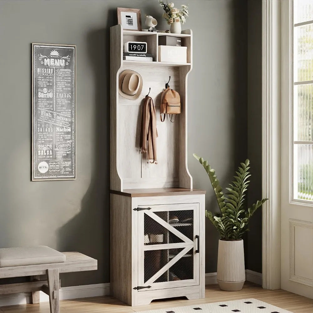 Narrow Coat Rack with Shoe Storage, Entryway Hall Tree with Shoe Storage, 23" Wide Freestanding Coat Tree, Mudroom Organizer, M