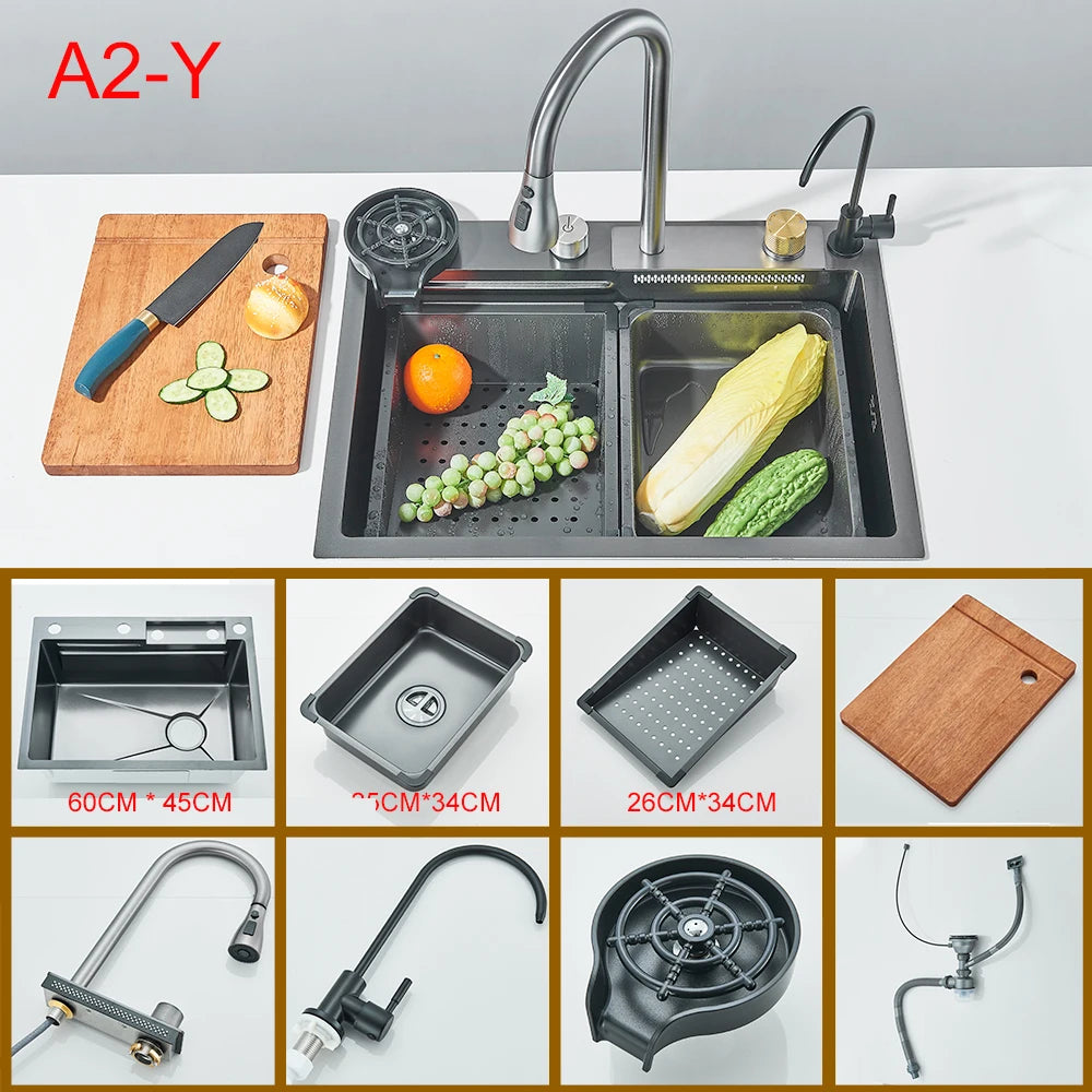 Multifunctional Kitchen Waterfall Sink Digital Display Large Single Gray Sink Dish Basin Sink 304 Stainless Steel