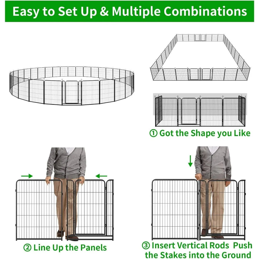 outdoor extra wide 32-panel heavy duty anti-rust dog fence with door, portable for rv, camping, and yard use