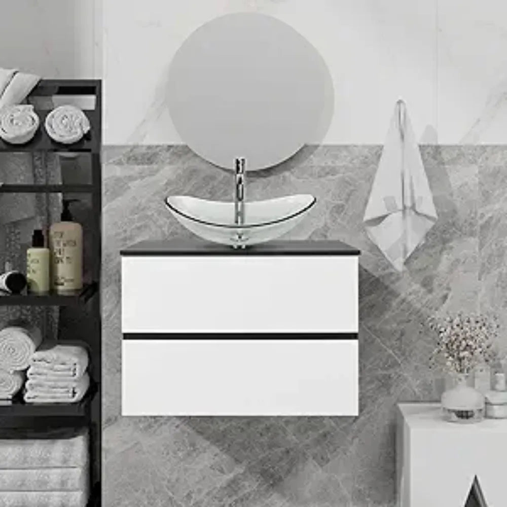 Wall Mounted Bathroom Vanity Cabinet With Drawers And Glass Sink