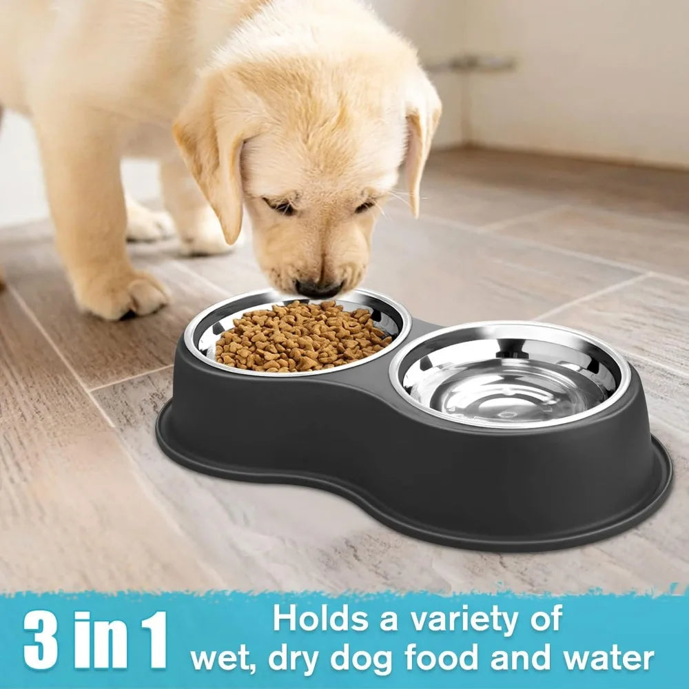 Dog Bowls Double Dog Water and Food Bowl Stainless Steel Bowl with Non-Slip Resin Station, Pet Feeder Bowls for Puppy Medium Dog