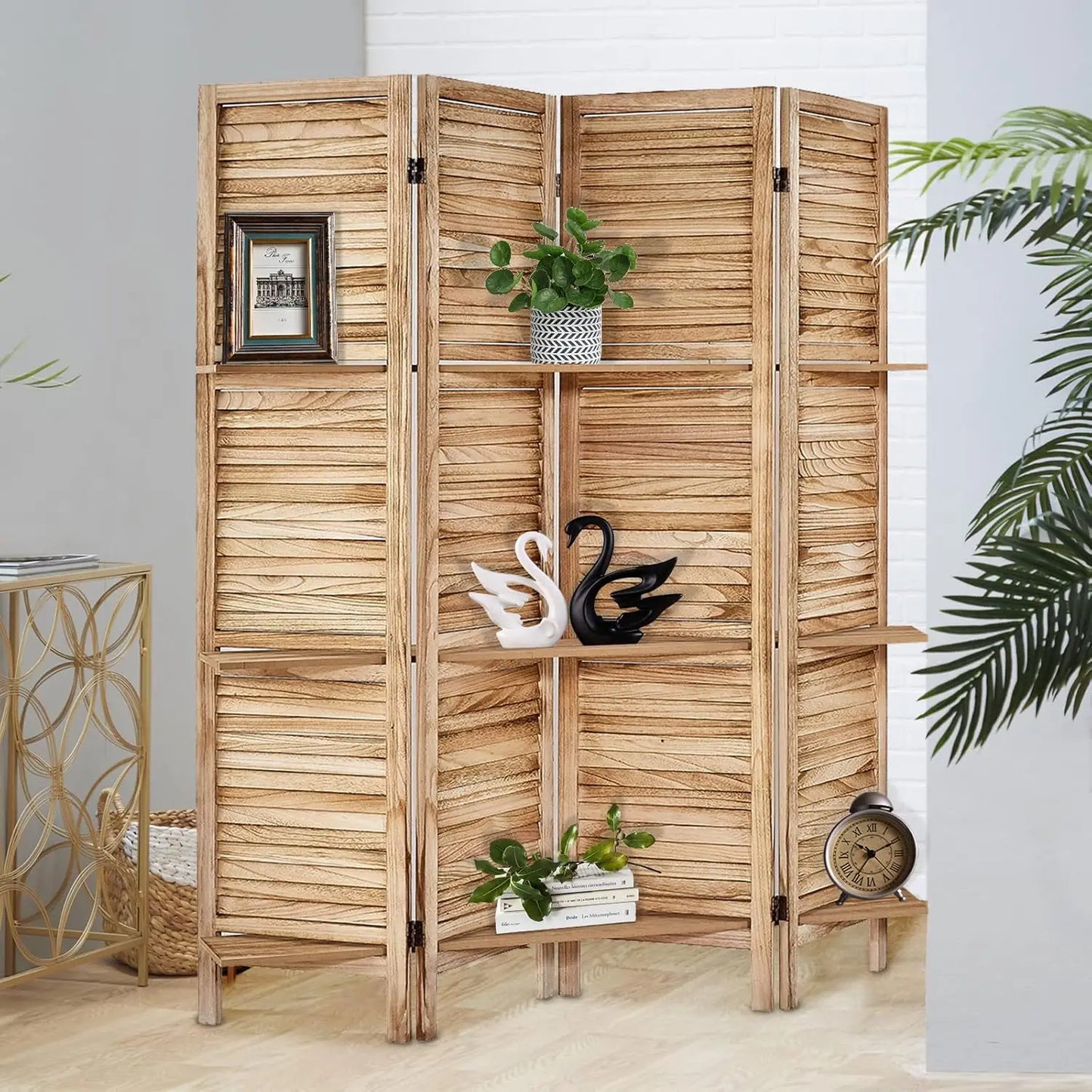 Room Divider with Shelves, Privacy Screen, Room Dividers and Folding Privacy Screens, 5 Panel Wood Temporary Wall Partition