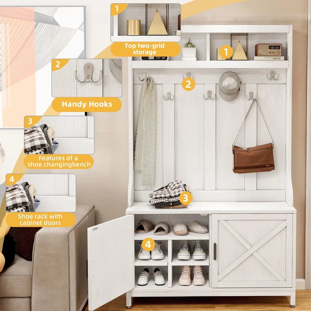 4-in-1 Hall Tree Coat Rack Storage Bench Shoe Cabinet Entryway Organizer with Adjustable Shelves Hooks Anti-Tip Design