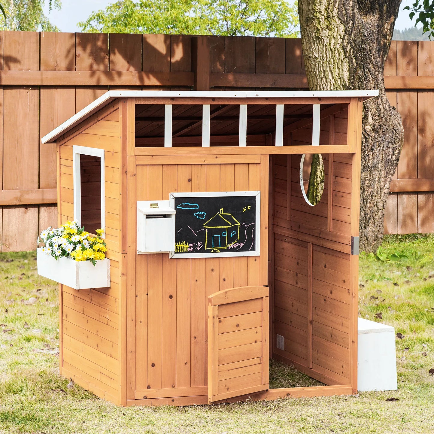 Outsunny Wooden Playhouse for Kids Outdoor with Working Door, Windows, Mailbox, Bench, Flowers Pot Holder, 48" X 42.5" X 53"