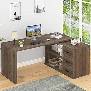 L Shape Desk With Drawers And Storage Cabinet Shelves