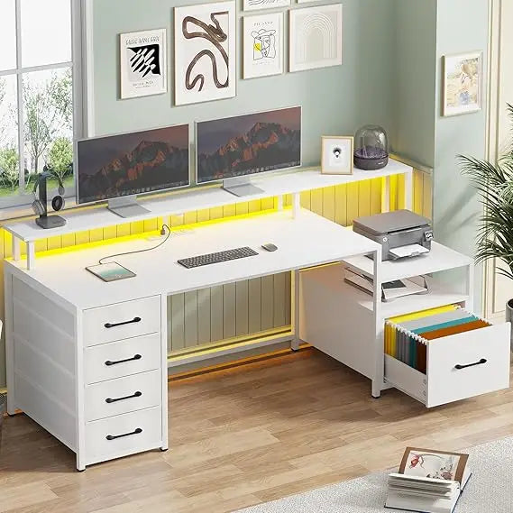 DAFIFY Modern Office Desk With 5 Drawers And Power Outlet