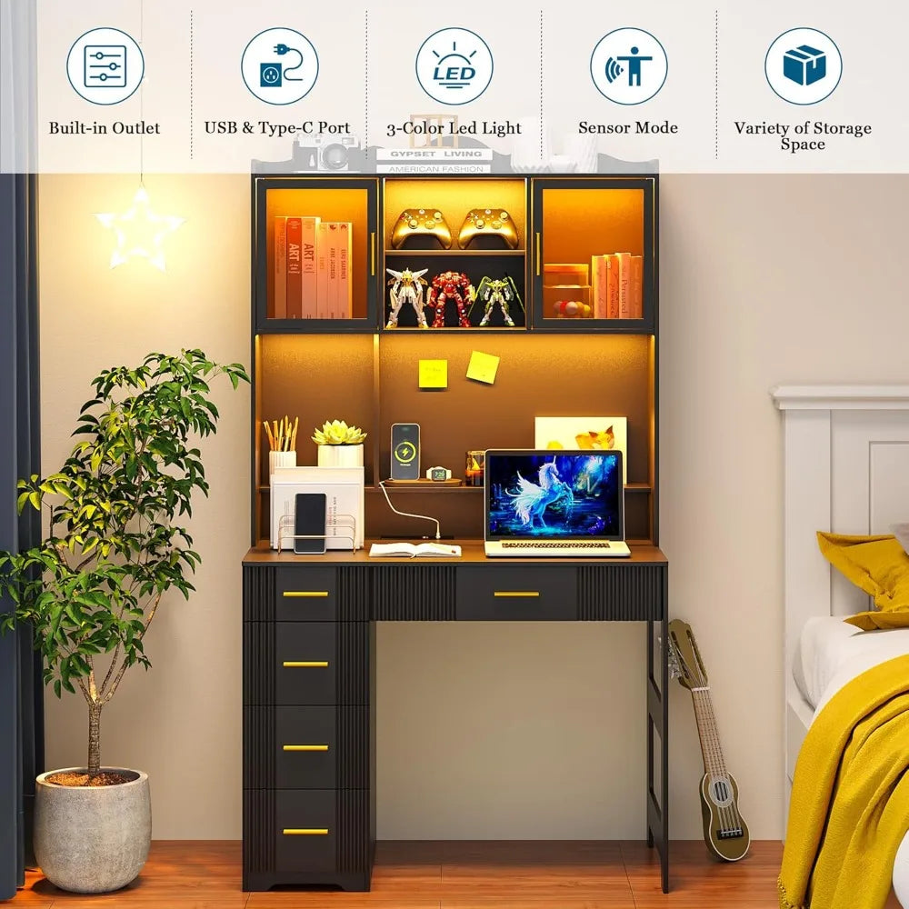 LED Study Desk With Hutch And Charging Station For Office