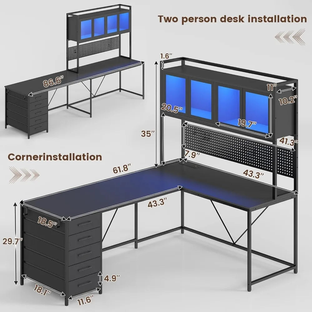 L Shaped Gaming Desk With Drawers Hutch And Pegboard