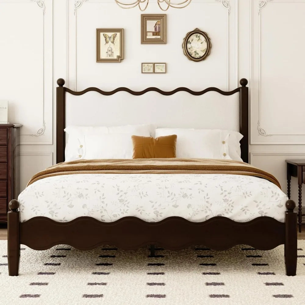 Frame Leather Upholstered Wood Bed Frame With Vintage Wave Headboard