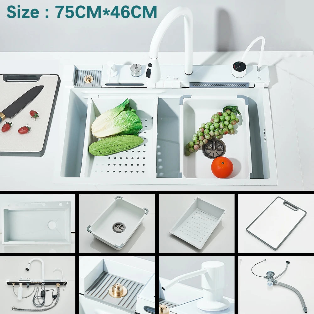 Multifunctional Kitchen Waterfall Sink Digital Display Large Single Gray Sink Dish Basin Sink 304 Stainless Steel