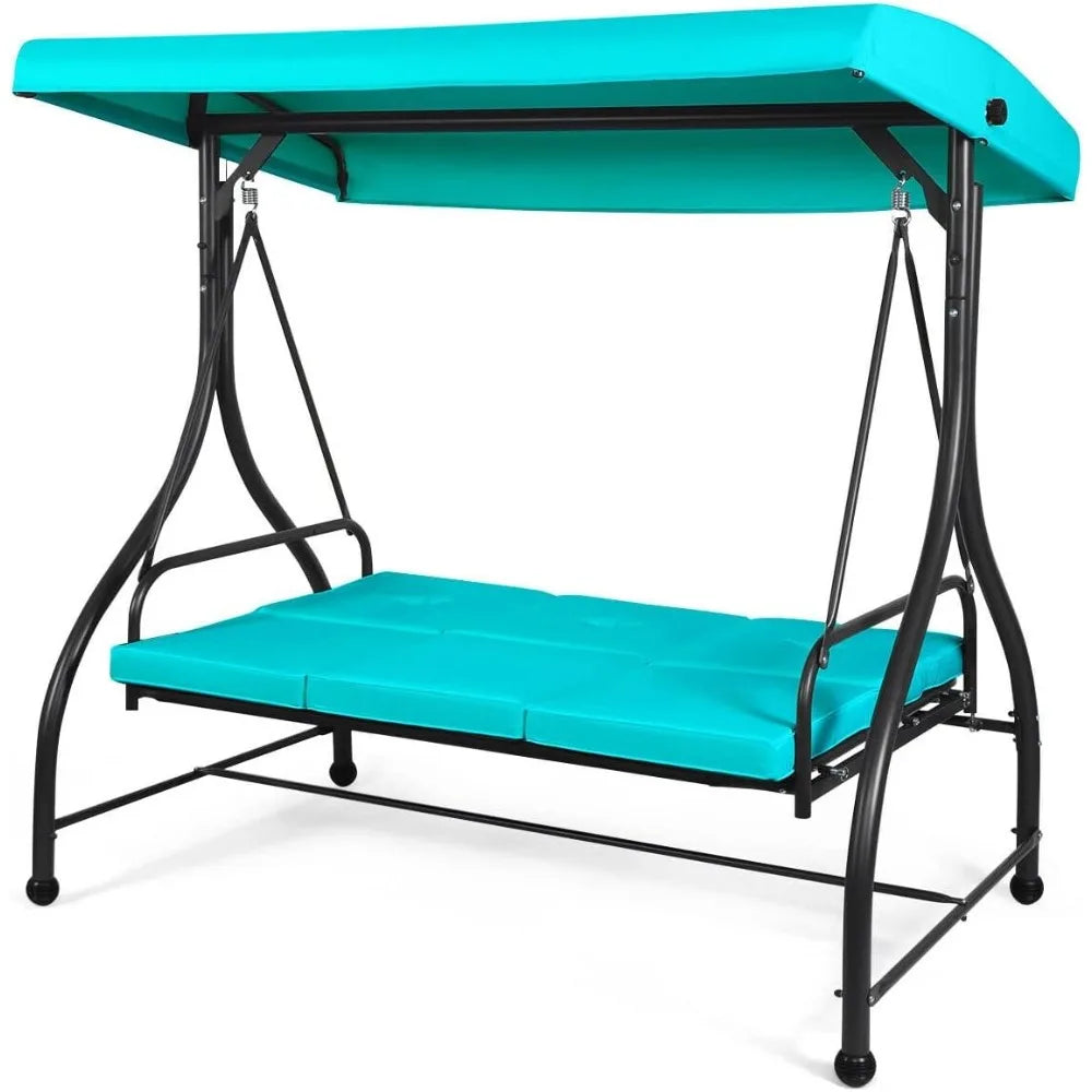 3 Seats Porch Swings, Outdoor Swing Chairs with Adjustable Tilt Canopy and Cushions, Heavy Duty Patio Swing for Outside Inside K