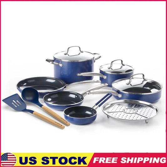 12-Piece Healthy Ceramic Nonstick Cookware Set Dishwasher Safe Lightweight Durable Includes Frypans Saucepans Stockpot Steamer