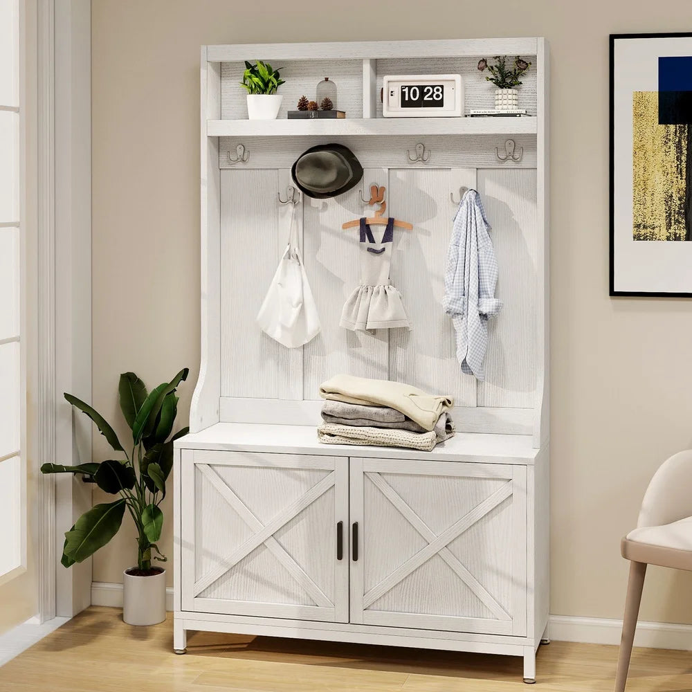 4-in-1 Hall Tree Coat Rack Storage Bench Shoe Cabinet Entryway Organizer with Adjustable Shelves Hooks Anti-Tip Design