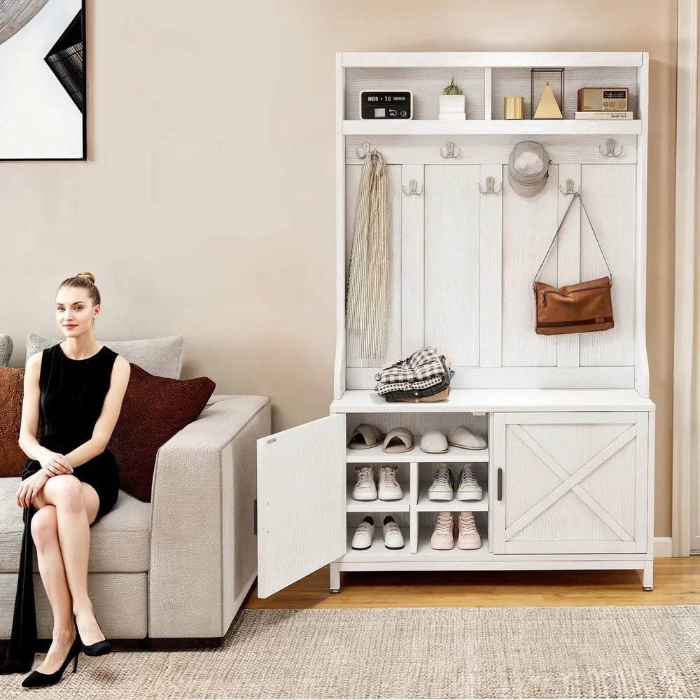 4-in-1 Hall Tree Coat Rack Storage Bench Shoe Cabinet Entryway Organizer with Adjustable Shelves Hooks Anti-Tip Design