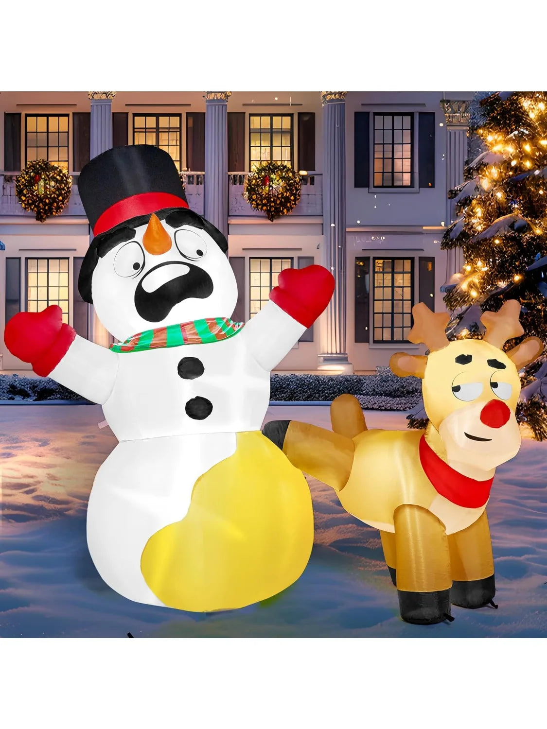 JOYFY 6.6 FT Long Christmas Inflatable Decoration Reindeer Peeing on Snowman with Build-in LEDs for Xmas Party Yard Garden Décor