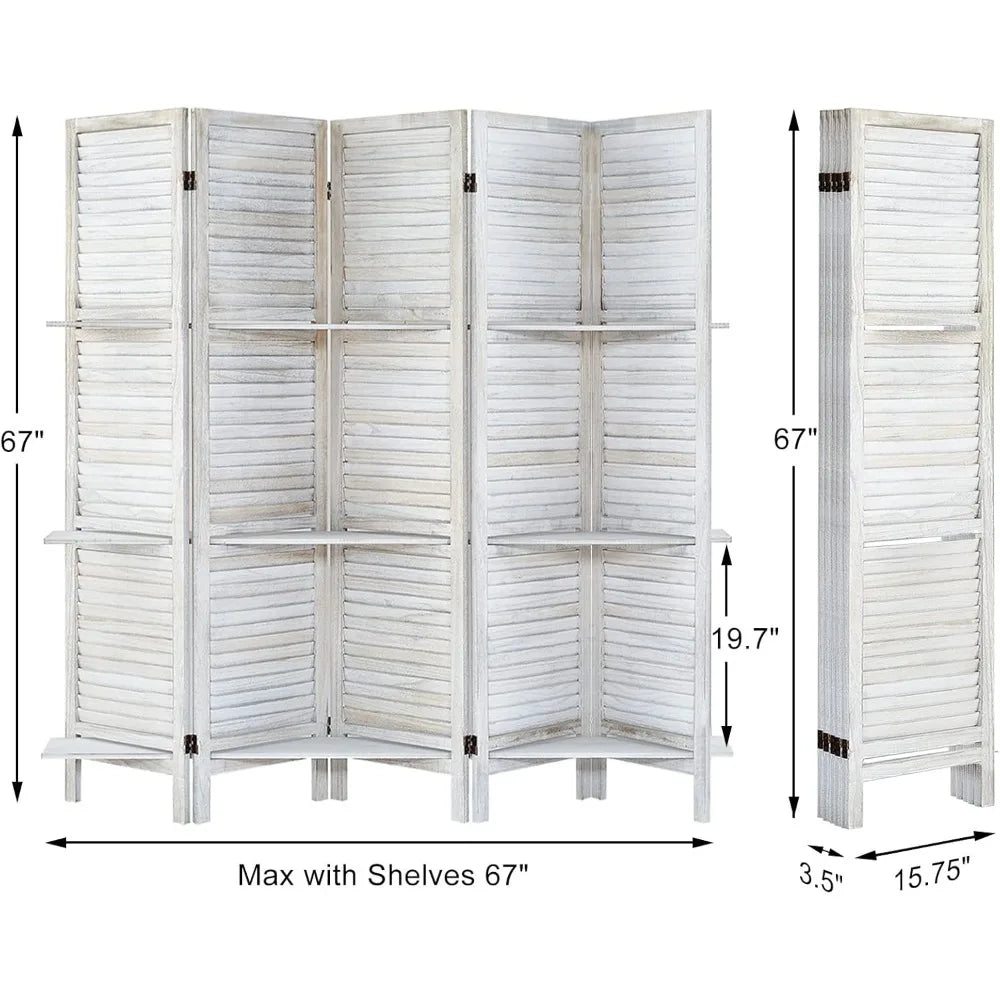 Room Divider with Shelves, Privacy Screen, Room Dividers and Folding Privacy Screens, 5 Panel Wood Temporary Wall Partition