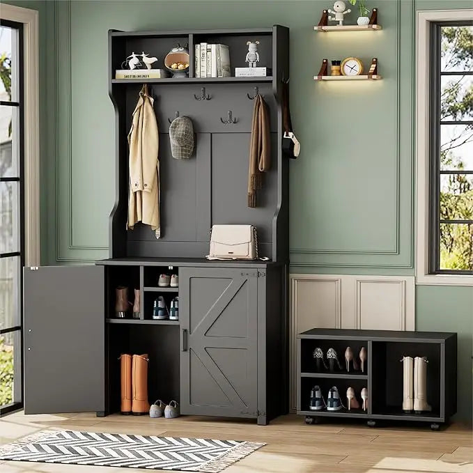 35.6" Farmhouse Wood Hall Tree with 7 Hanging Hooks & Shoe Storage Cabinet, 4-in-1 Coat Rack with 6 Brake Wheels for Entrance,H