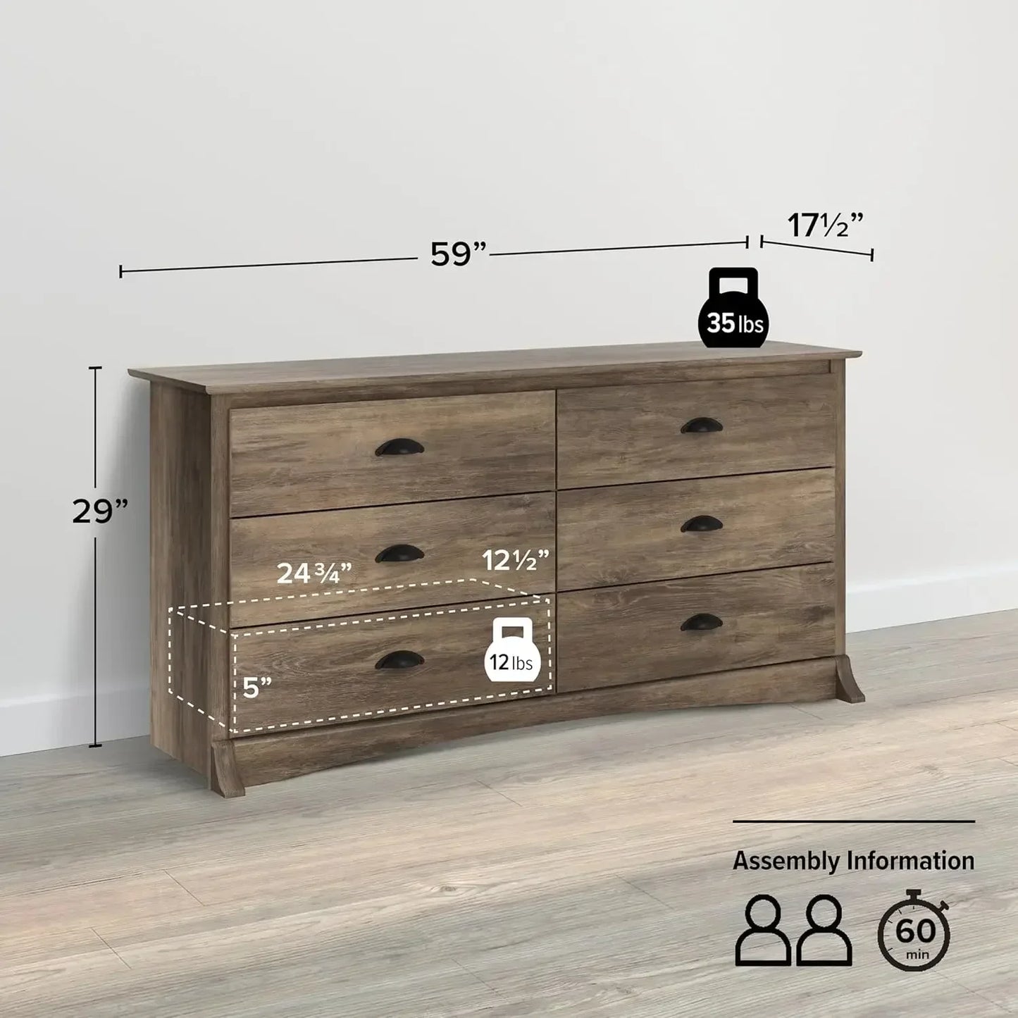 XMSJ Double Dresser Six Drawer Chest For Traditional Bedroom