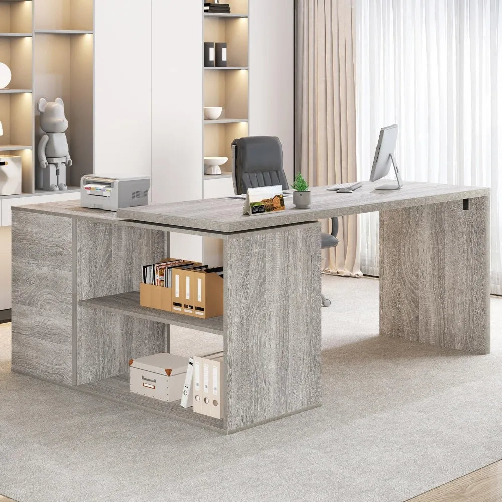 L Shape Desk With Drawers And Storage Cabinet Shelves