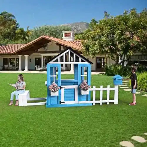 Outdoor Playhouse, Wooden Kids Play House w/Picnic Bench, Flowerpot Holders, Cottage Playhouse for Backyard, Garden, Lawn, Patio