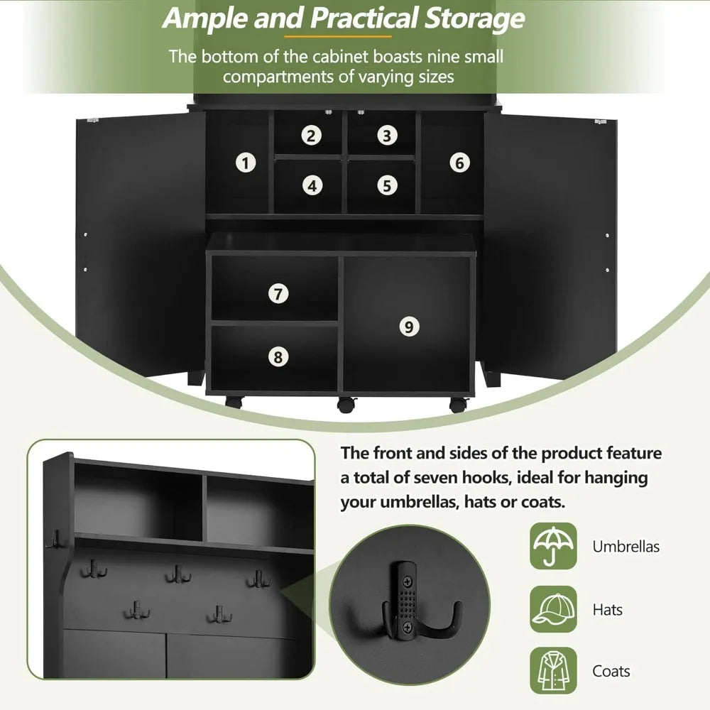 35.6" Farmhouse Wood Hall Tree with 7 Hanging Hooks & Shoe Storage Cabinet, 4-in-1 Coat Rack with 6 Brake Wheels for Entrance,H