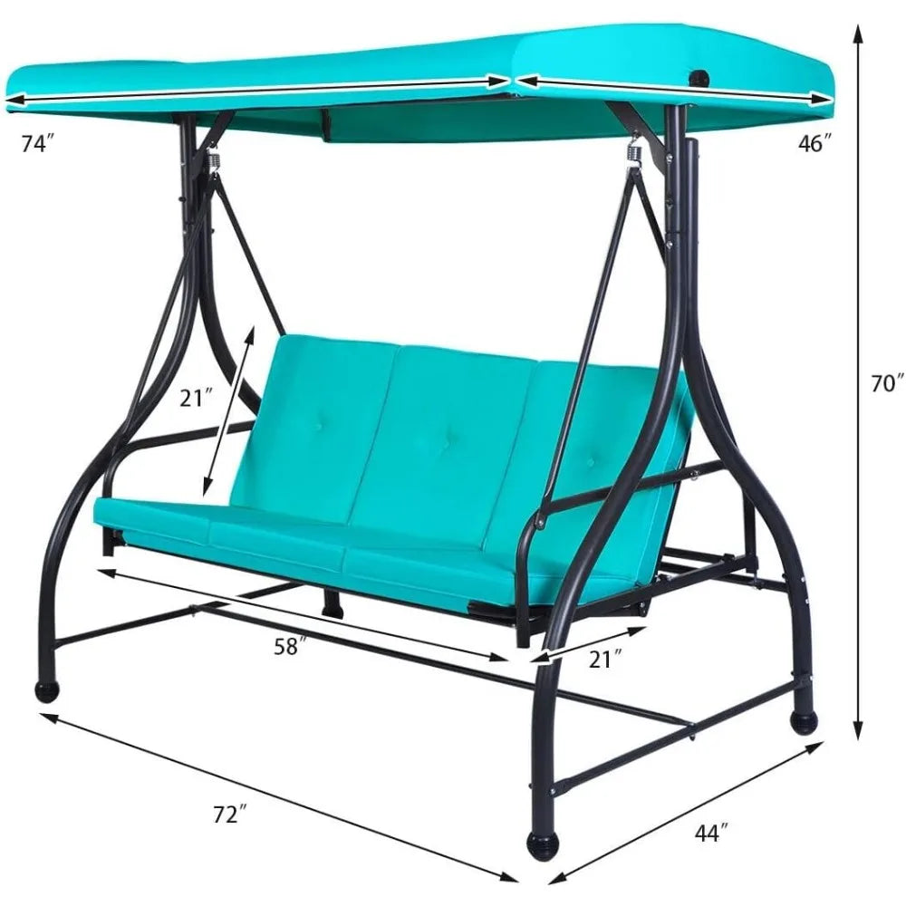 3 Seats Porch Swings, Outdoor Swing Chairs with Adjustable Tilt Canopy and Cushions, Heavy Duty Patio Swing for Outside Inside K