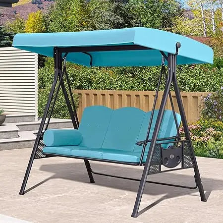 Outdoor Patio Porch Swing with Stand, 3-seat Swing Chair with Adjustable Tilt Canopy All-Weather Steel Frame for Backyard Front