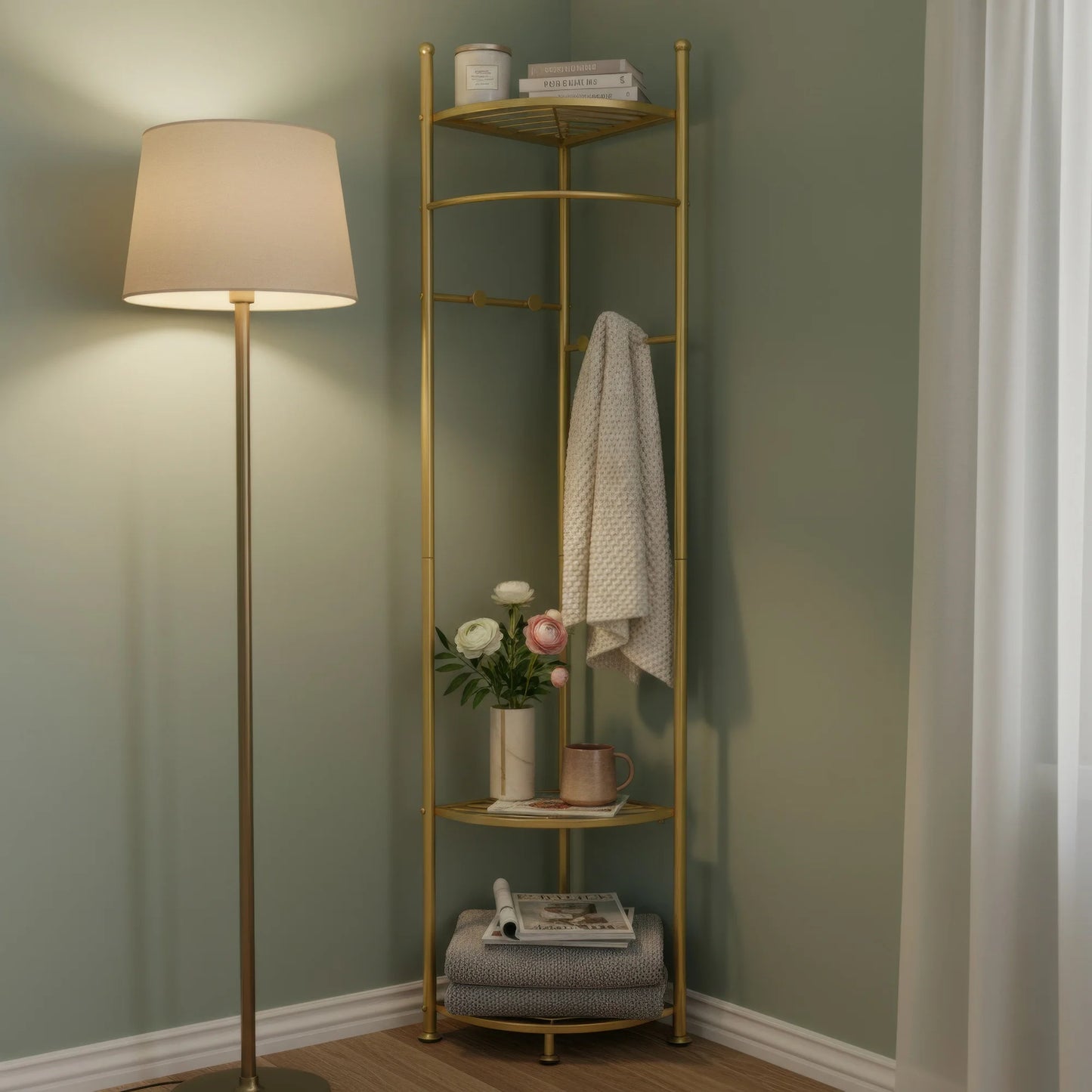 Metal Corner Coat Racks, Gold Clothing Racks Hall Tree, Freestanding Garment Rack with Hooks and Storage Shelf for Hallway