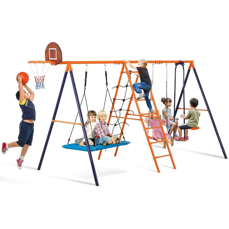 Nova Microdermabrasion Outdoor Metal Swing Set for Kids, Metal Playground Set with Climbing Ladder,Trapeze Bar & Basketball Hoop