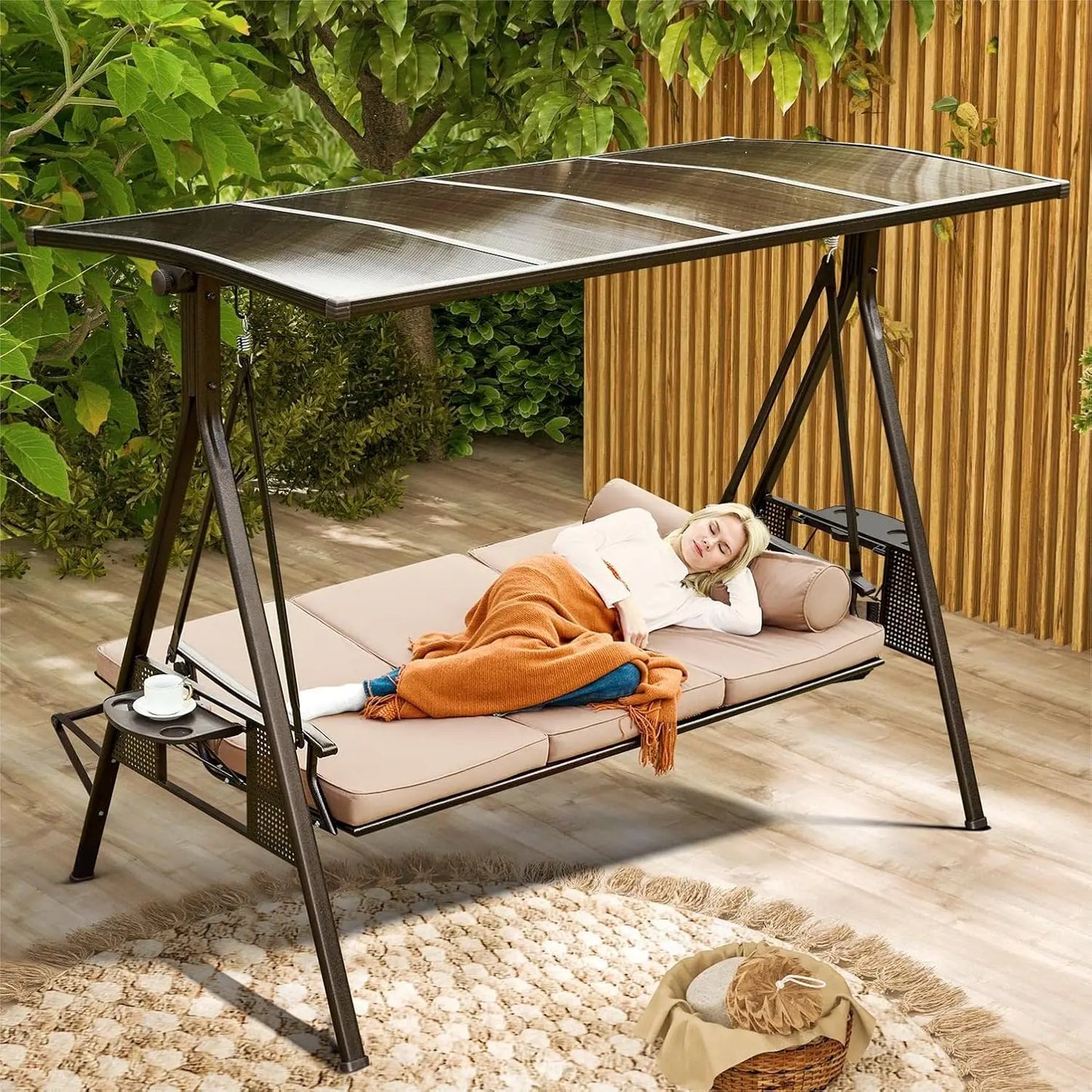 3 Seat Patio Swing with 2 Side Cup Holder, 3-in-1 Convertible Backrest Swing Bed with Cushion, 2 Pillows