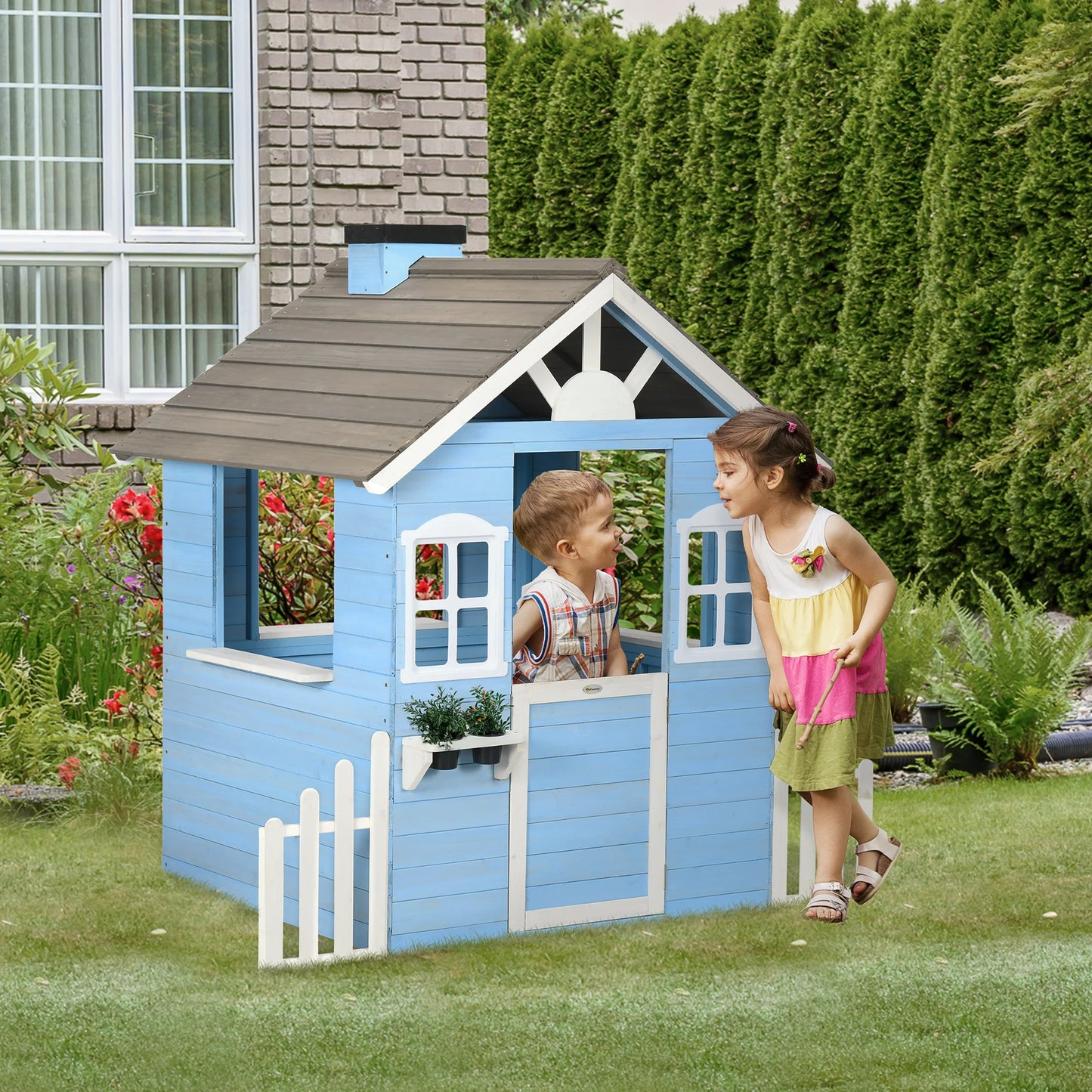Outsunny Playhouse for Kids Outdoor, Country Style Wooden Playhouse with Flower Pot Holders, Working Door, Windows