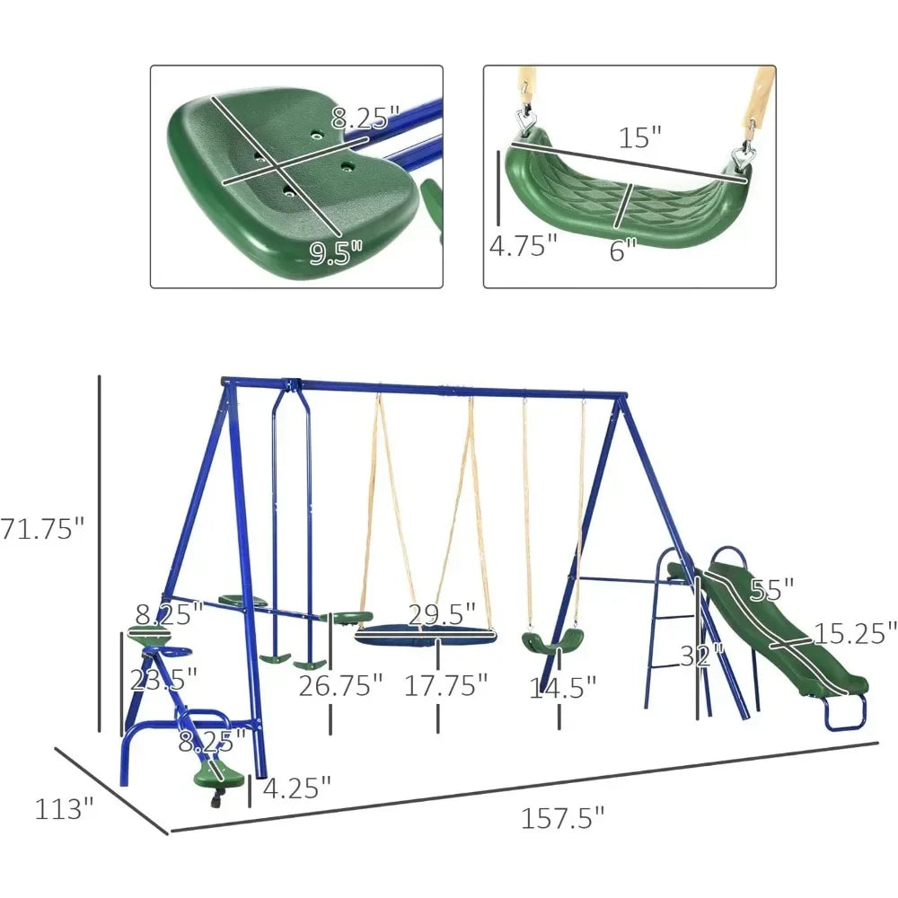 Swing Set for Backyard, 5 in 1 Heavy-Duty A-Frame Stand Outdoor Playset for Kids with 29.5" Saucer Swing, Slide, Seesaw, Glider