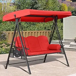 Outdoor Patio Porch Swing with Stand, 3-seat Swing Chair with Adjustable Tilt Canopy All-Weather Steel Frame for Backyard Front