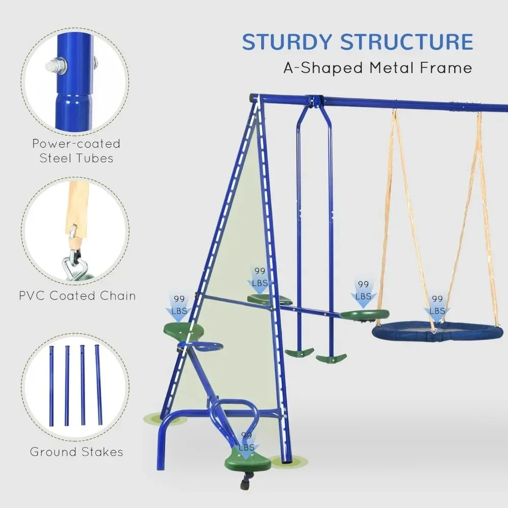 Swing Set for Backyard, 5 in 1 Heavy-Duty A-Frame Stand Outdoor Playset for Kids with 29.5" Saucer Swing, Slide, Seesaw, Glider