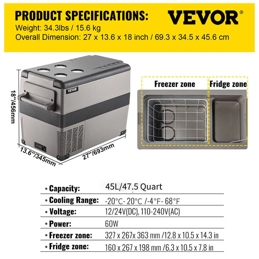 VEVOR Portable Car Refrigerator Compressor Cooler DC 110 to 240V
