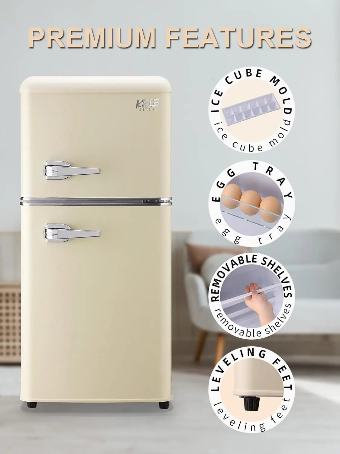 Krib Bling Compact Refrigerator With Freezer Retro Design For Home And Office Energy Efficient