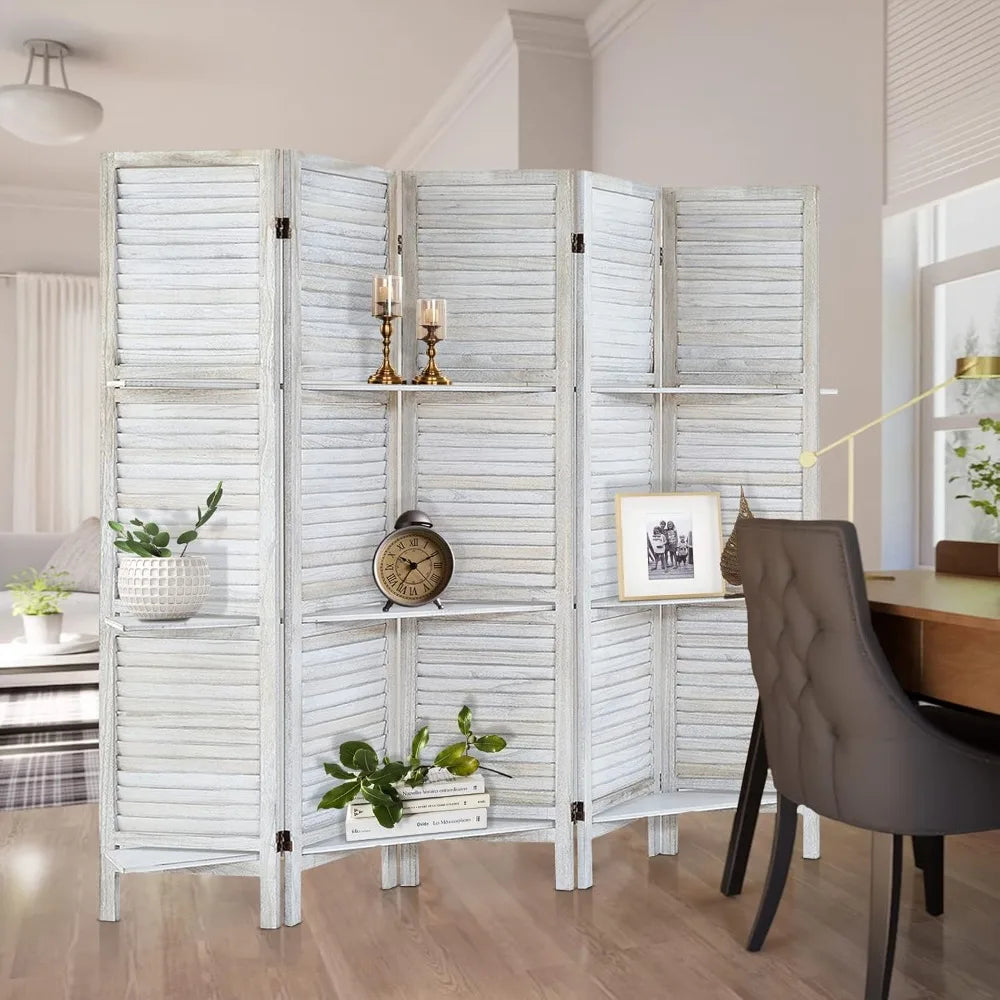 Room Divider with Shelves, Privacy Screen, Room Dividers and Folding Privacy Screens, 5 Panel Wood Temporary Wall Partition